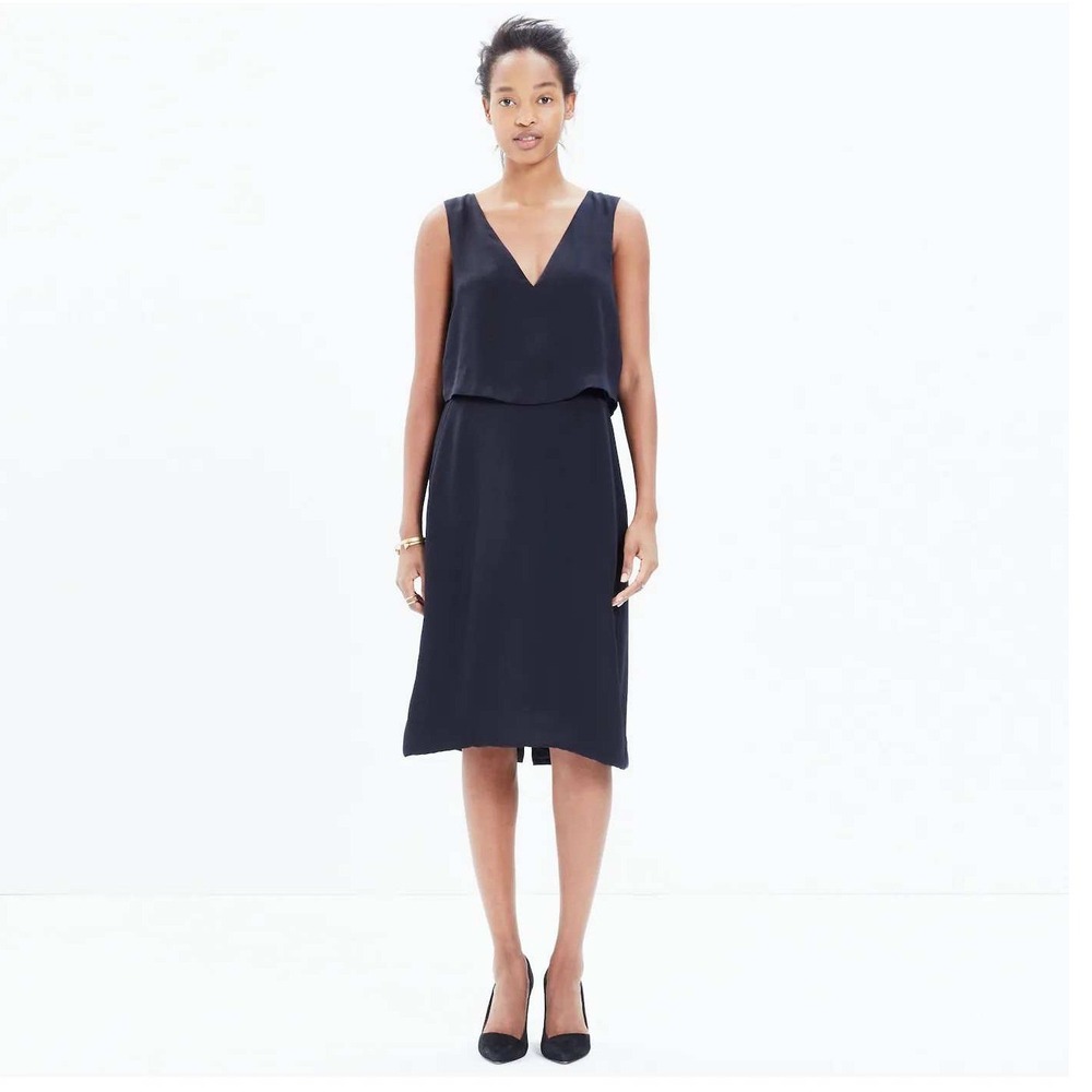 Madewell Luminous Overlay Shift Dress Black Minimalist Layered V-Neck Size 8